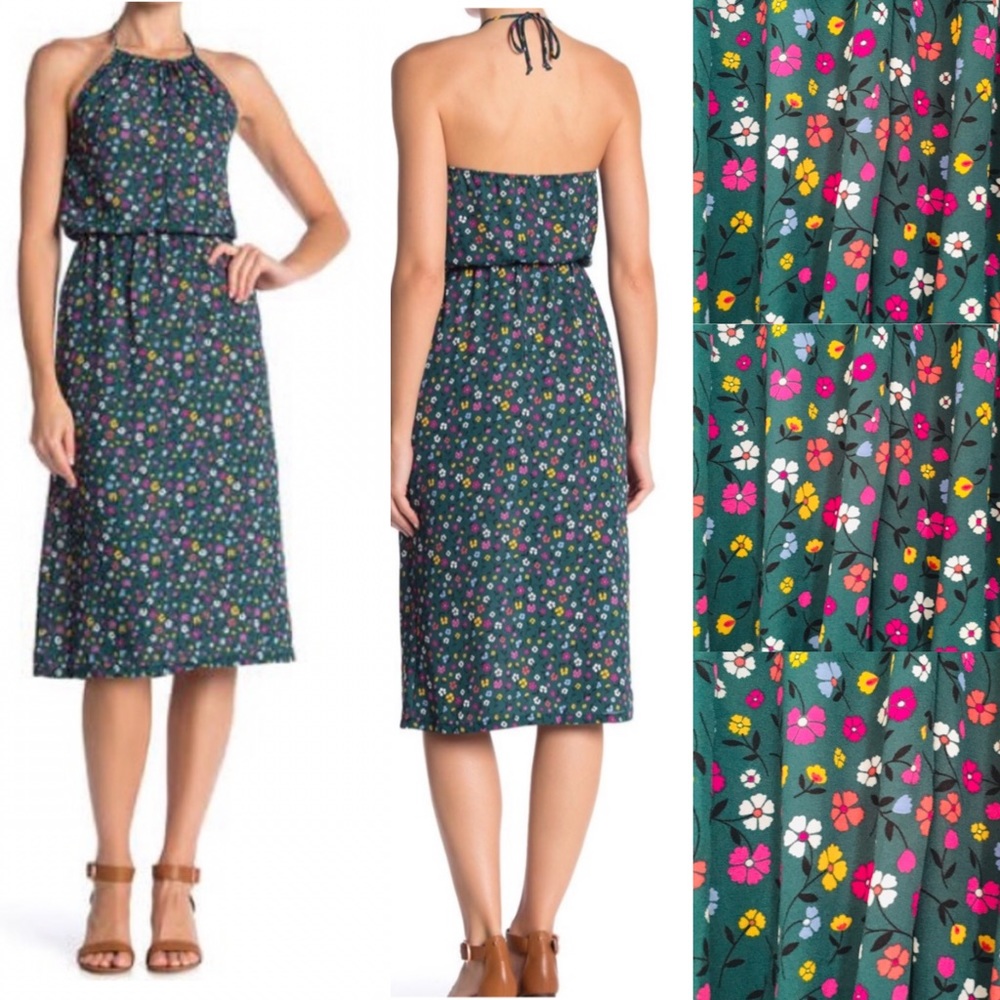 VT NWOT 70s Style Green Floral Halter Midi Dress Size Small
